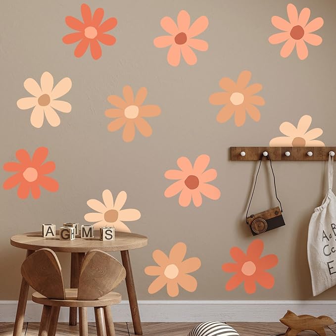 TaoBary 12 Sheet Daisy Wall Sticker Decal Removable Cute Daisy Bedroom Room Decor Flower Wall Sticker Pink White Flower Decal Wallpaper Peel and Stick for Nursery Home(Orange,Colorful Classic Style)