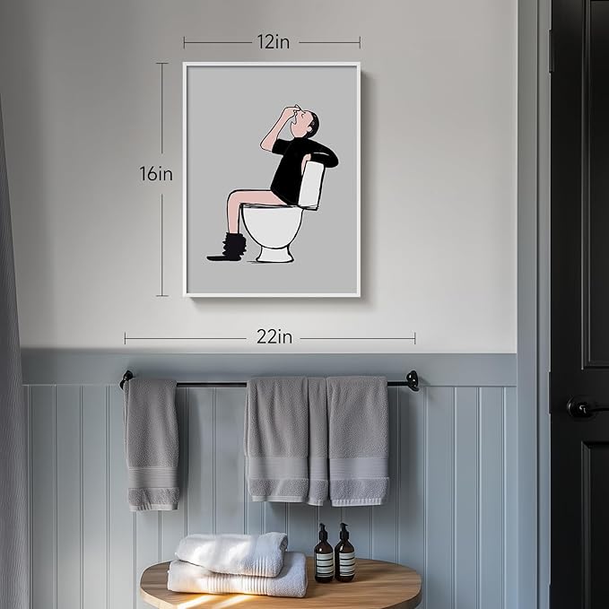 Framed Funny Bathroom Wall Decor, Black and White Quirky Man Canvas Painting Print Bathroom Humor Wall Art, Gray Cartoon Guy on Toilet Picture Artwork for Toilet Restroom Washroom Wall Decor, 12x16 In