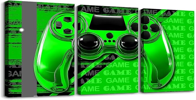 Feelyou Gamer Canvas Wall Art 12" x 16" 3 Piece Game Controller Office Wall Artwork Posters for Teens Adults Gaming Gifts Bathroom Wall Art for Home Gamepad Green and Black Wall Painting