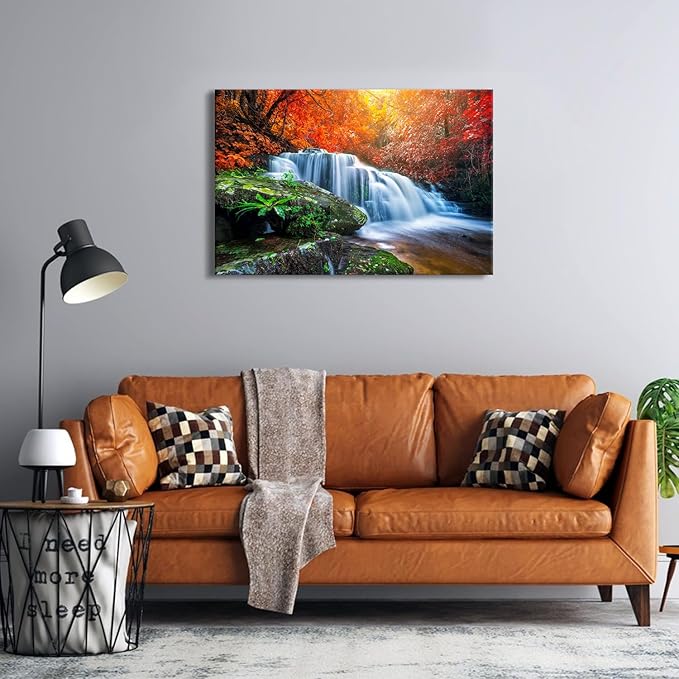 Waterfall Wall Art Autumn Red Forest Wall Decor for Living Room Nature Trees River Landscape Canvas Prints Fall Stream River Pictures National Park Posters for Bedroom Bathroom Home Decoration 24x36"
