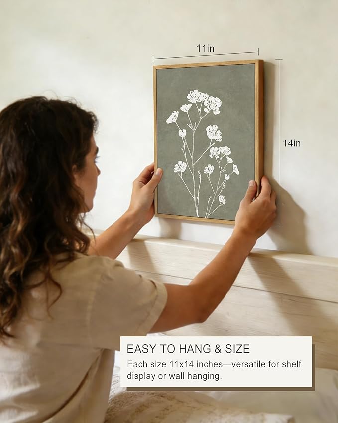 Drsoum Vintage Boho Flower Wall Art Framed Retro Botanical Floral Wall Prints Wildflower Neutral Rustic Bohemain Artwork Kitchen Bedroom Ready to Hang 11x14in Natural Framed
