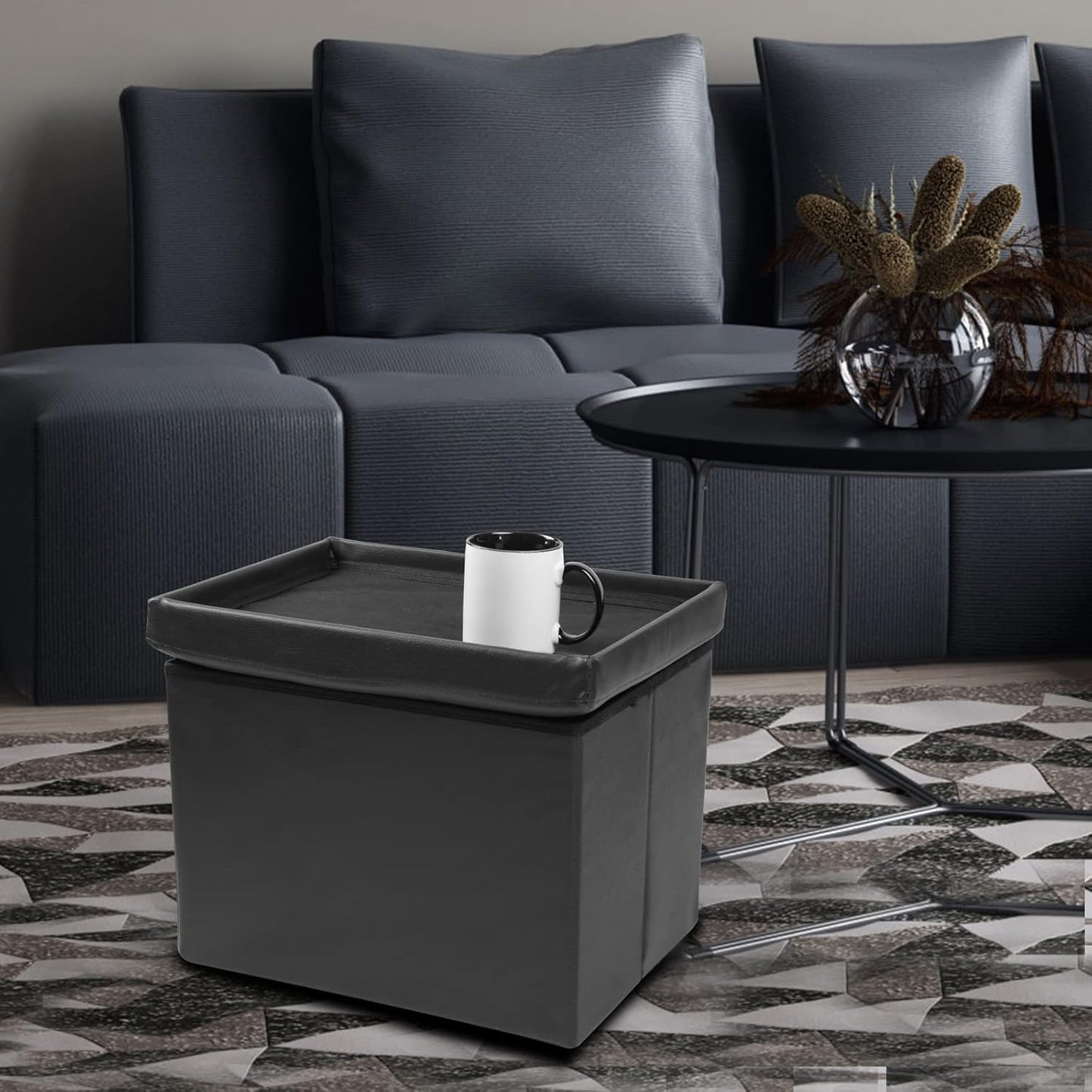 ALASDO Storage Ottoman Footrest Stool Small Ottoman with Storage Foldable Ottoman Leather Foot Rest Footstool Bench for Living Room 17x13x13inches Black