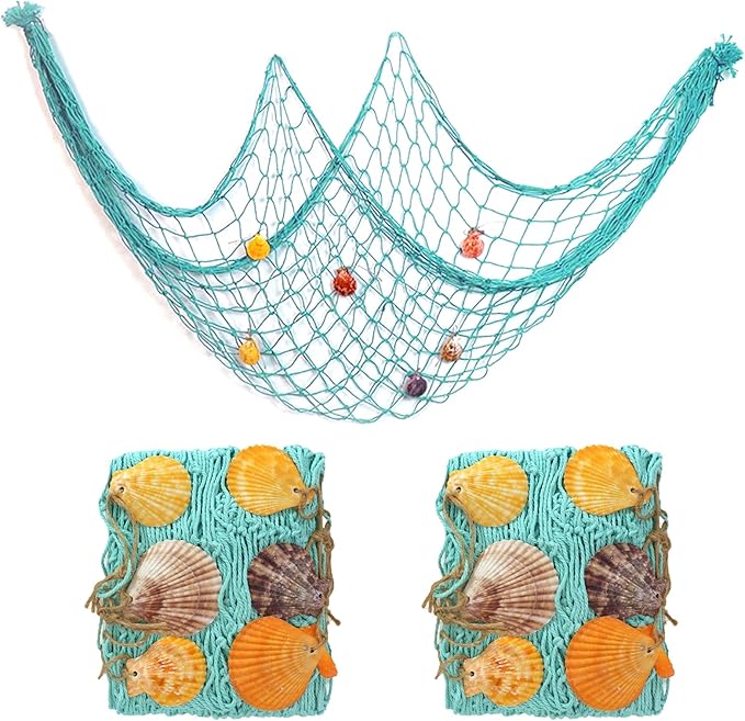 2 PCS Fish Net Decorations with Shells 80 x 40 Inch Ocean Themed Party Decor Beach Nautical Wall Hanging Fishing Net for Coastal Bedroom Bathroom or Under The Sea Party Decorations (Aqua-with Shells)