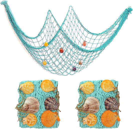 2 PCS Fish Net Decorations with Shells 80 x 40 Inch Ocean Themed Party Decor Beach Nautical Wall Hanging Fishing Net for Coastal Bedroom Bathroom or Under The Sea Party Decorations (Aqua-with Shells)