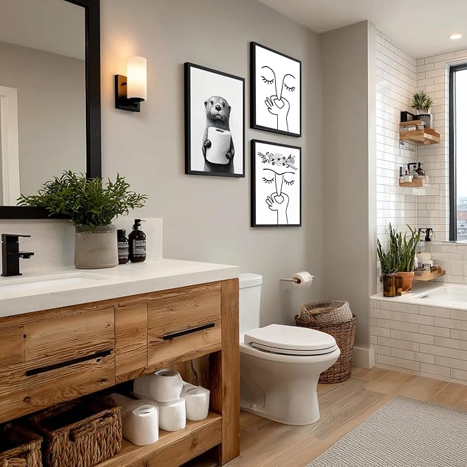 IAFWZX Wood Framed Funny Bathroom Wall Art, Abstract Humor Toilet Wall Decor, Minimalist Face Line Canvas Painting, Modern Black and White Bathroom Poster Print for Restroom Guest Bedroom 16"x24"