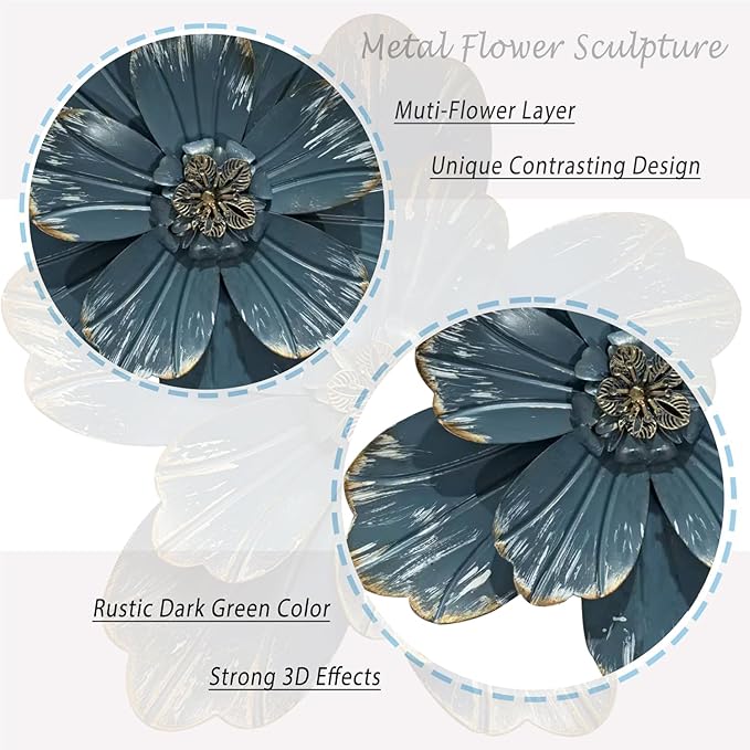 Metal Flower Wall Sculpture, 9.5" Rustic Modern Floral Artwork, Distressed 3D Layered Vintage Iron Flower Wall Hanging Accent for Indoor Kitchen, Bedroom Living Room Office Outdoor Garden Patio Decor (Retro blue)