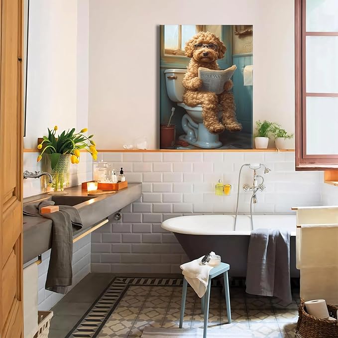 Yaneiro Funny Bathroom Canvas Wall Art-Set of 2 Poodle On Toilet Reading Newspaper Wall Decor Goldendoodle In Shower Humor Animal Poster Picture for Dog Lovers Restroom Ideas Decor 16x24 Inch Framed