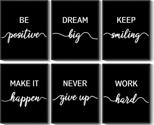 KUVIOKE Inspirational Office Wall Decor Motivational Quotes Framed Wall Art Encouraging Positive Affirmations Sayings for Kids Classroom Bedroom Ready to Hang Set of 6, 8x10in (Black Framed)