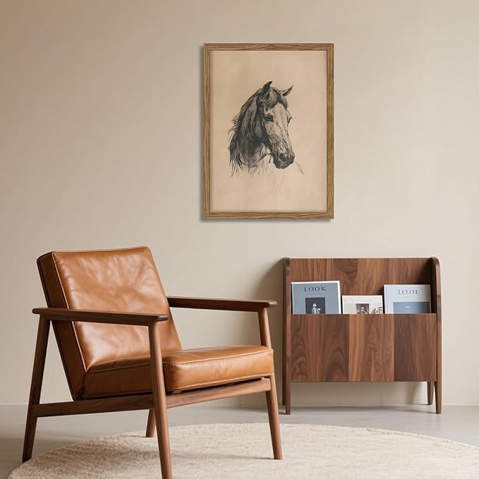 Framed Horse Wall Art, Vintage Horse Head Sketch Canvas Print, Farmhouse Animal Wall Decor, Classic Country Pictures Artwork for Living Room Bedroom Home Decor – 12x16 inch