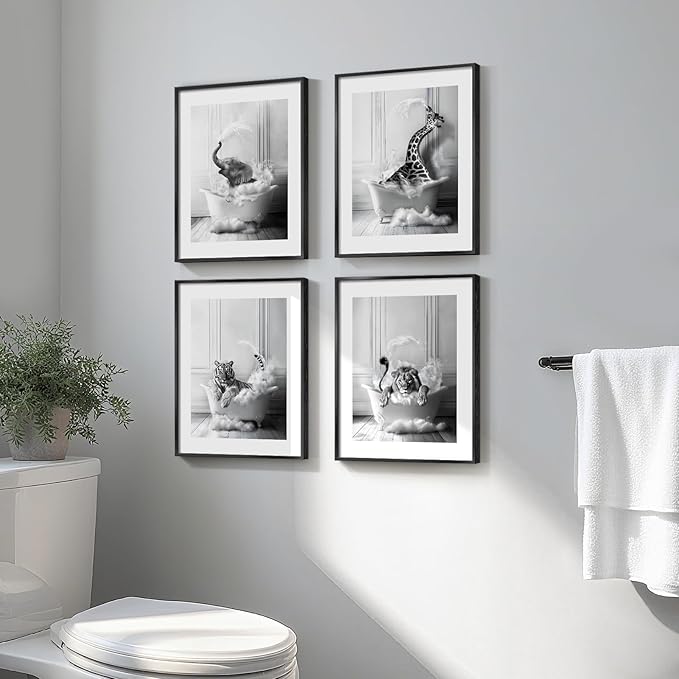Framed Funny Bathroom Wall Art, 4 Piece Modern Black and White Canvas Prints Painting Artwork for Walls, Elephant Lion Tiger Giraffe Bathing Animals in Bathtub Pictures Kids Bathroom Wall Decor, 11x14