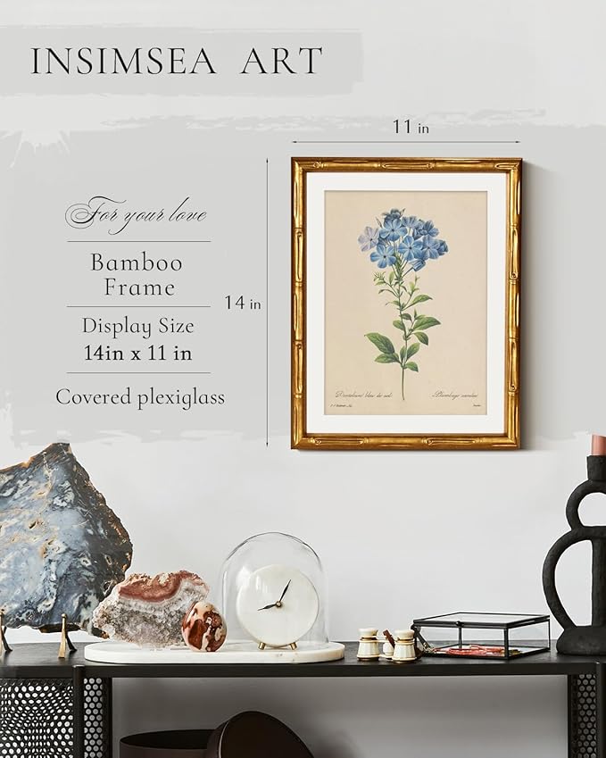 InSimSea Gold Bamboo Framed Canvas Wall Art, Vintage Minimalist Blue Botanical Prints, Antique Picture Frame with Mat, Victorian Home Wall Decor for Kitchen Dining Living Room Bedroom, 11x14inch