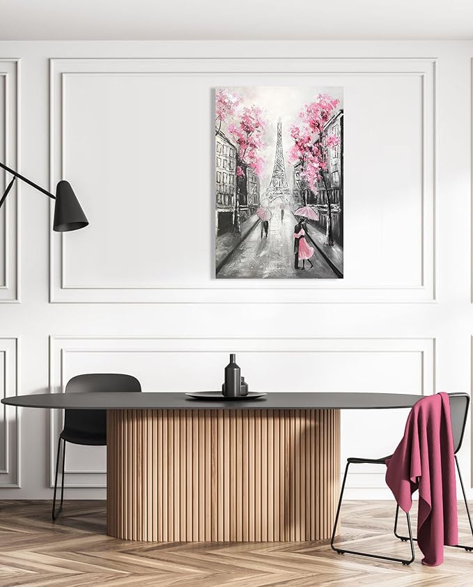 YPY Abstract Paris Canvas Wall Art: Black White Eiffel Tower Hand Painted Oil Painting, Pink and Grey Picture Print Room Decor for Teen Girls Bedroom Bathroom 24" x 36"
