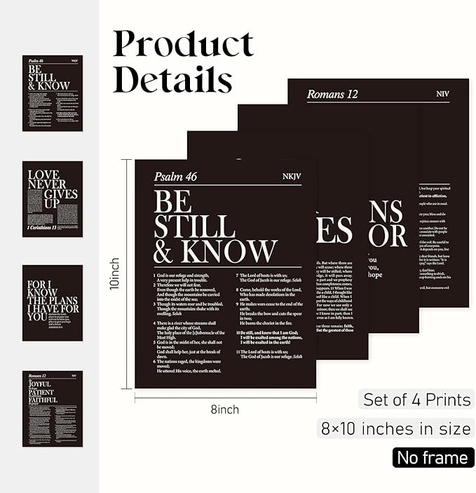 Locomiss Black and White Christian Wall Art Decor, Modern Black Minimalist Jesus Scripture Wall Decor, Inspirational Bible Verse Posters for Bedroom Office Living Room, Set of 4 (8x10 Unframed)