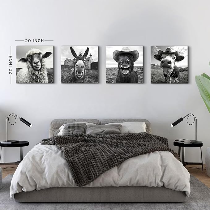 Farmhouse Cow Canvas Wall Art Humor Animals Pictures Sheep Donkey Horse Wall Decor Black and White Prints Artwork 20x20”, Nature Farm Animal with Cowboy Hat Posters Paintings Cabin Home Decorations