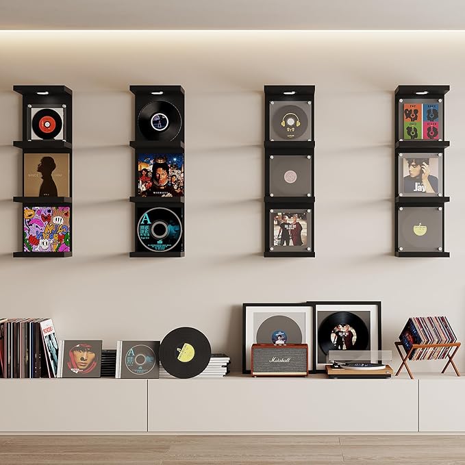 Versatile 4 Tier Wall Shelf Unit,Black Lack Wall Shelf,Display Floating Shelf with LED Remote Control Light