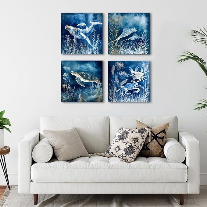 Ocean Animal Canvas Wall Art Navy Blue Coastal Bathroom Decor Sea Turtle Dolphin Whale Crab Pictures Wall Decor Under The Sea Marine Life Posters Beach House Living Room Bedroom Decoration 12x12” 4Pcs