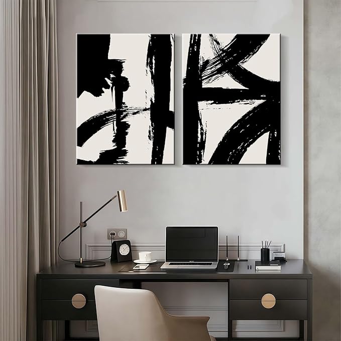 2Pcs Framed Abstract Black and White Canvas Wall Art Minimalist Brushstroke Line Prints Modern Home Gallery Style Painting Posters Picture Bedroom Living Room Office 16x24 Inch Ready to Hang