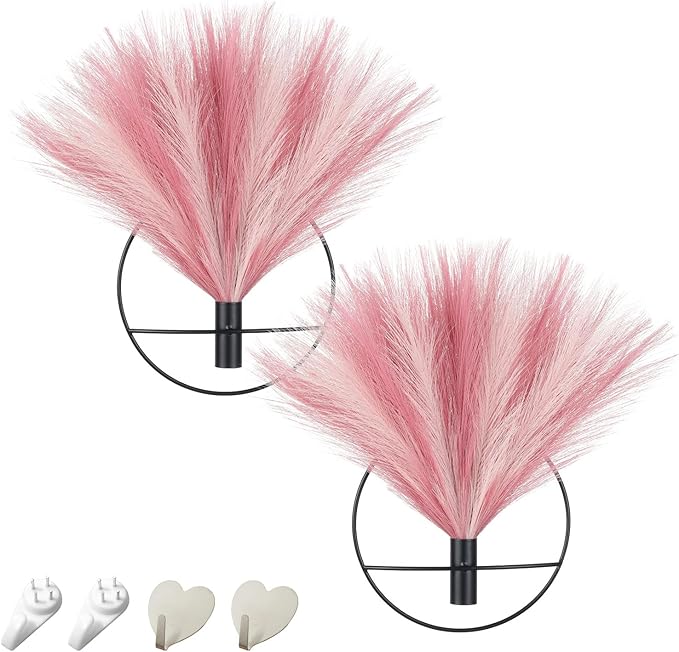 Pretty Jolly Boho Wall Decor - Hanging Artificial Pampas Display for Living Room, Bedroom, Bathroom, Dining Room - Wall-Mounted Metal Plant Art, 2 Pack, Ice Pink, Dark Pink, Black