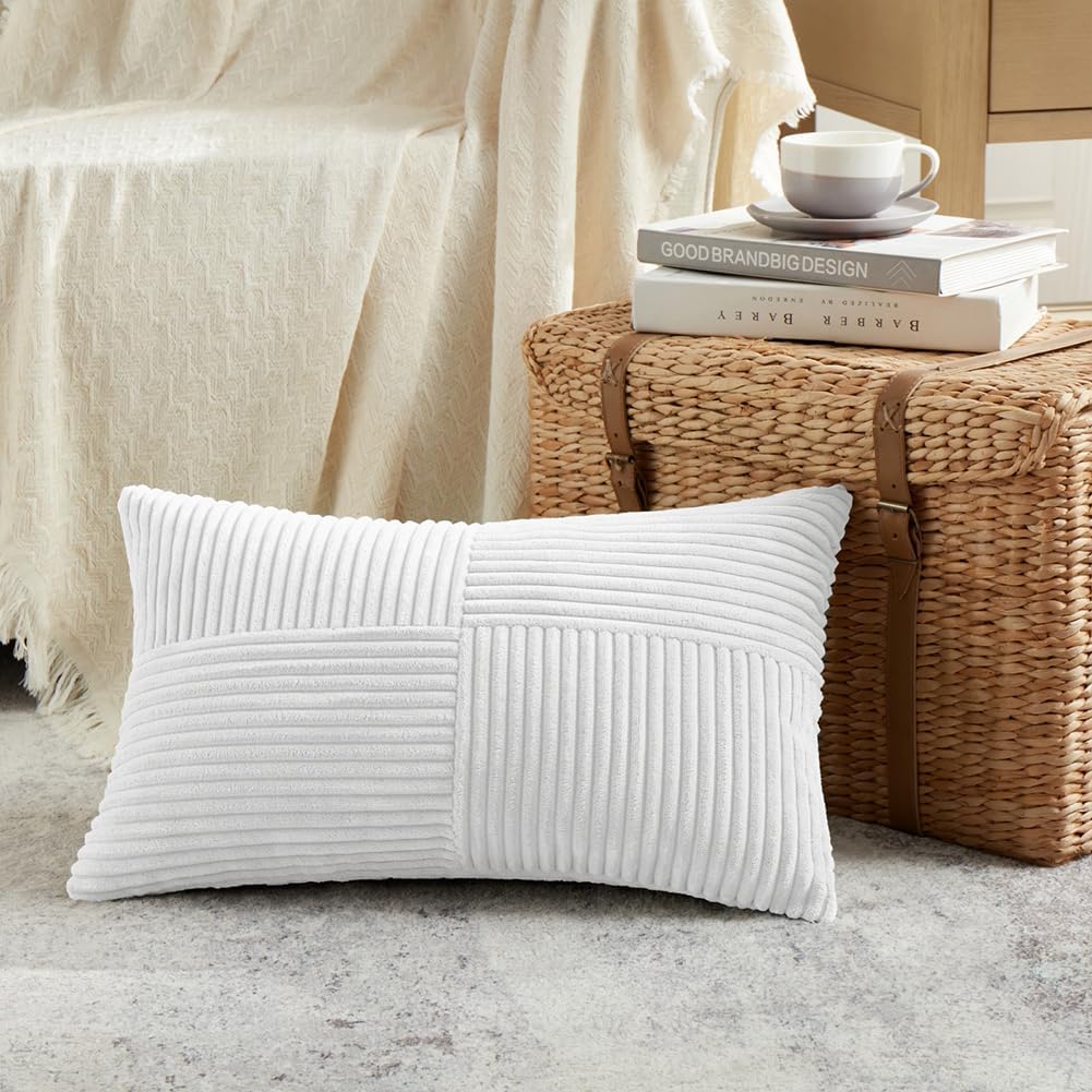 Fancy Homi 2 Packs White Lumbar Decorative Throw Pillow Covers 12x20 Inch for Living Room Couch Bed Sofa, Rustic Farmhouse Boho Home Decor, Soft Striped Corduroy Rectangle Accent Cushion Case 30x50 cm