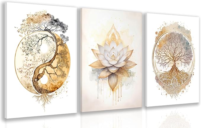 GELDSTEI Tree of Life Wall Art, Calming Zen Wall Decor, Abstract Yin Yang Tree Canvas Painting, Modern Gold Lotus Flower Meditation Poster Print for Living Room Yoga Room Bedroom Framed Set of 3, Each 16x24 Inch