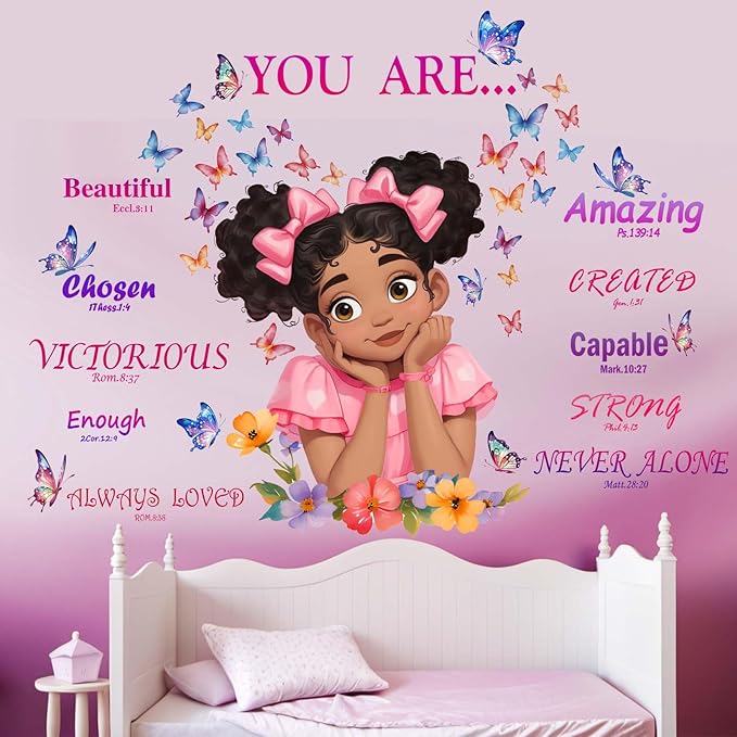 Bedroom Wall Stickers for Black Girls: Peel and Stick African American Butterfly Inspirational Wall Decals - Wall Art Decor Kids Supplies Ages 1-12 Year