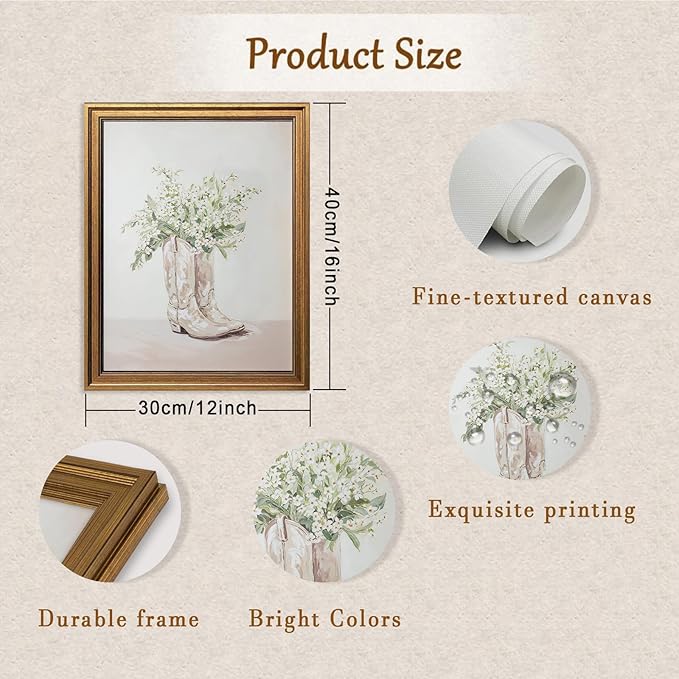 Vintage Framed Floral Cowgirl Boots Canvas Wall Art Preppy Western Flowers Printing Aesthetic Wall Decor for Living Room Bedroom Apartment (16L''x12W'')