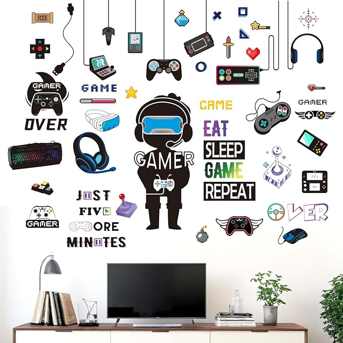 Gamer Wall Stickers - Controller Eat Sleep Games Joystick Video Gaming Wall Decals - Boys Bedroom Playroom Baby Kids Room Wall Decor