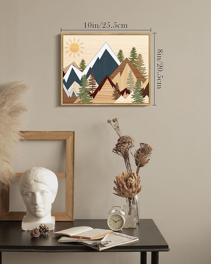 SHENIFY Mountain Framed Wall Art Country Woodcut Style Decor Forest Nature Wilderness Painting Rustic Farmhouse Landscape Artwork - 8x10in Natural Framed