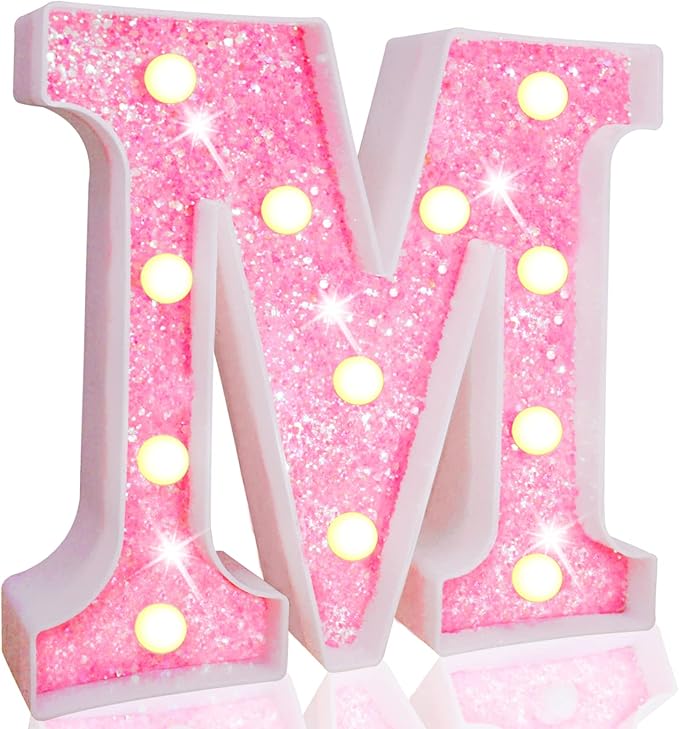 Pooqla LED Marquee Letter Lights, Light Up Pink Letters Glitter Alphabet Letter Sign Battery Powered for Night Light Birthday Party Wedding Girls Gifts Home Bar Christmas Decoration, Pink M