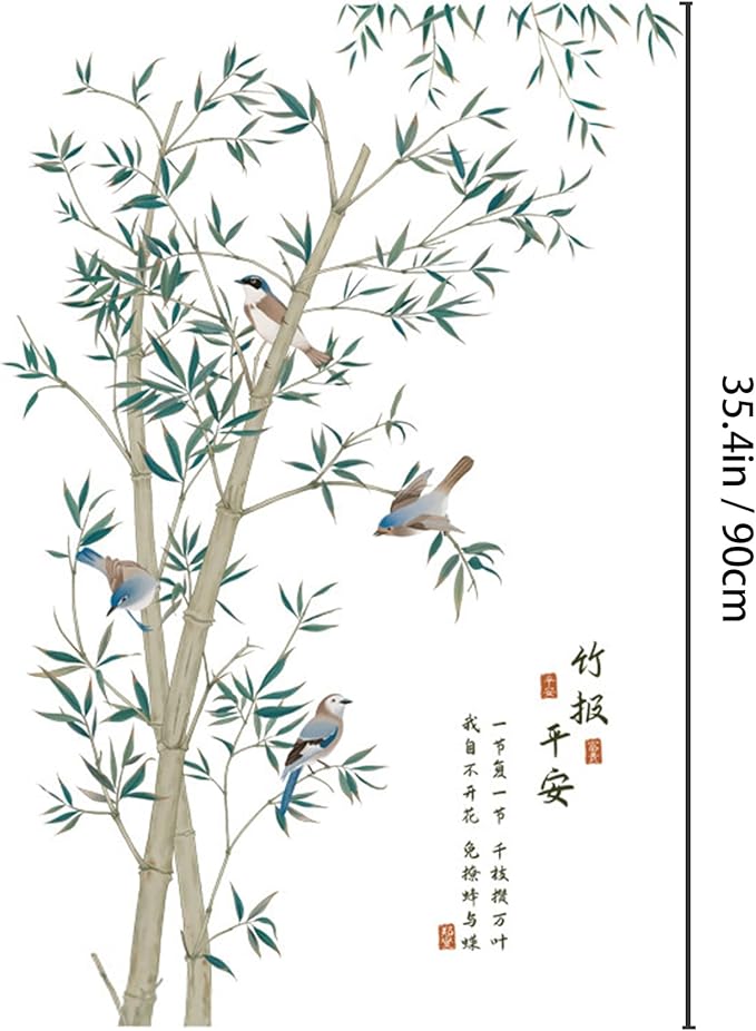 Large Ink Bamboo Wall Stickers, Removable DIY Green Plants Birds Murals Bamboo Decal Peel and Stick Wall Decal 3D Wall Art Stickers Home Decor for Gilrs Bedroom Nursery Rooms Living Room