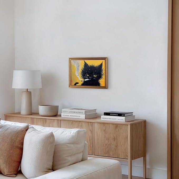 Aroutde Framed Funny Black Cat Wall Art, Cat Smoking a Cigarette Painting Vintage Gold Framed Wall Decor, Black Kitten Humor Animal Restroom Home Decoration (16L''x12W'')