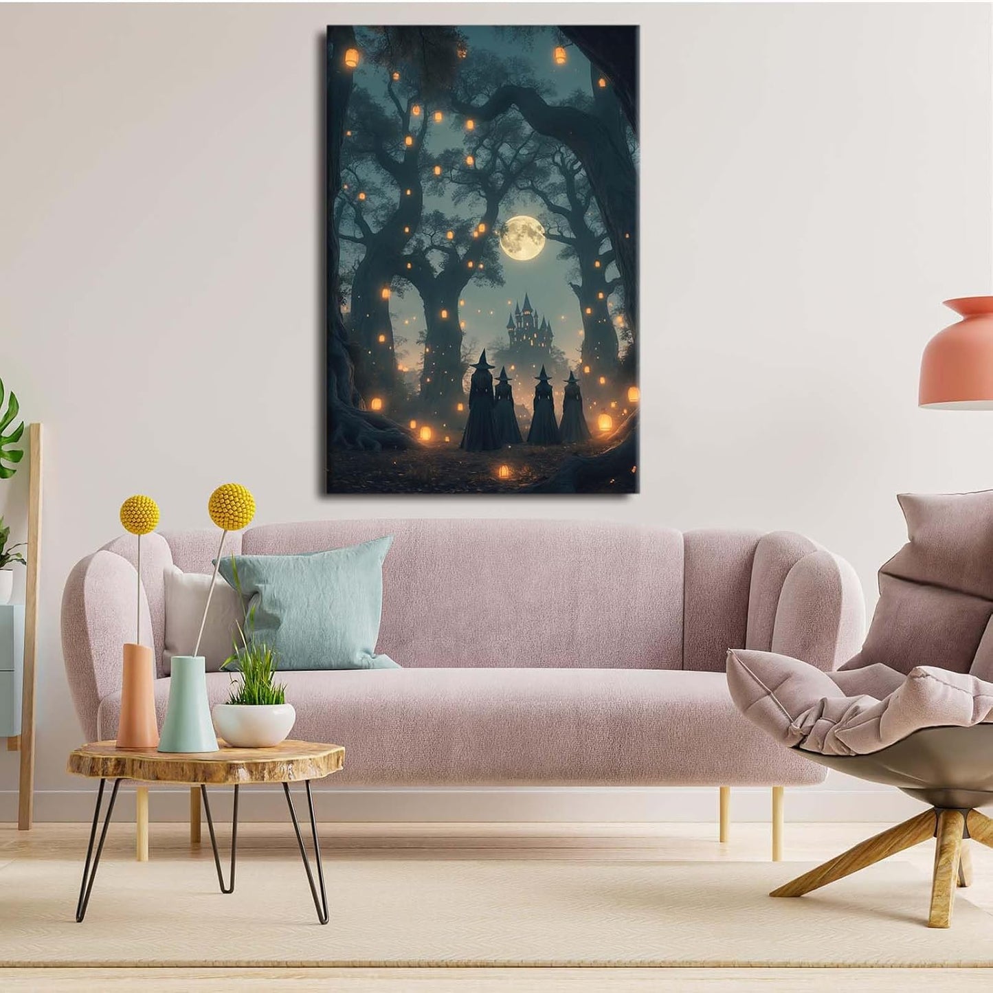 Mysterious creek painting witch and castle in magic forest art print canvas gothic print dark college decoration poster for home bedroom16x24in Wood Framed
