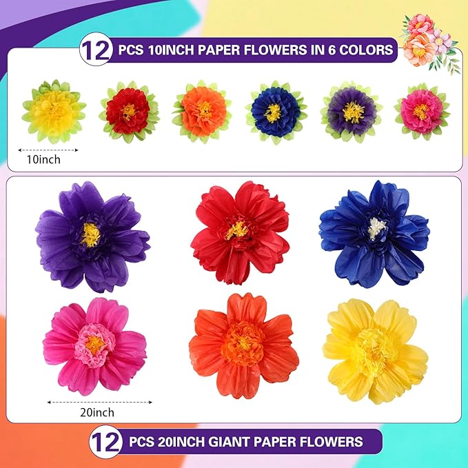 TaoBary Large Colorful Tissue Paper Flowers Giant Fiesta Paper Pom Poms Mexican Birthday Decorations for Wall Wedding Backdrop Centerpiece Party Supplies(20" and 10",Dark Blue, Purple, Red,12 Pcs)