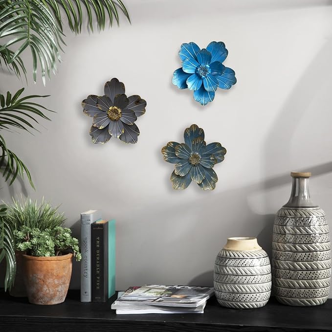 Metal Flower Wall Sculpture, 9.5" Rustic Modern Artwork Distressed 3D Layered Vintage Iron Flower Wall Hanging Accent for Indoor Kitchen, Bedroom Living Room Office Outdoor Garden Patio Decor (Blue)