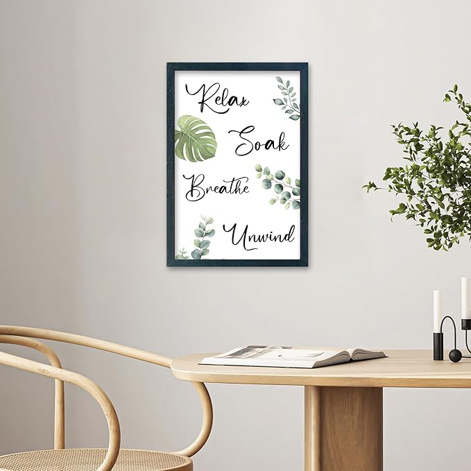 YWJKWLGS Bathroom Decor Relax Soak Breathe Unwind Framed Sign with Green Leaves, 11x16 Inch，Spa Wall Art for Modern Rustic or Farmhouse Style (Black)