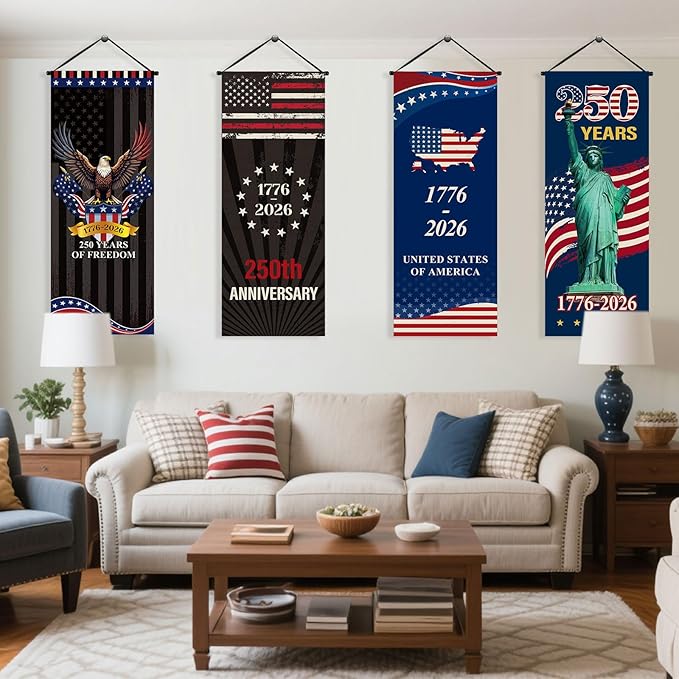 Tiamon 4 Pcs 250th Anniversary 4th of July Banner Patriotic American Flag Eagle 250 Years of Freedom 1776-2026 Porch Banner Hanging Decorations for Independence Day Wall Indoor Outdoor Decor