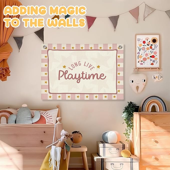 Playroom Wall Decor,Long Live Playtime Linen Canvas Banner,Pink Toddler Playroom Decor Kids Room Nursery with Star Pattern Wall Decor for Toddler Girls Toy Room Bedroom,30x20 Inch
