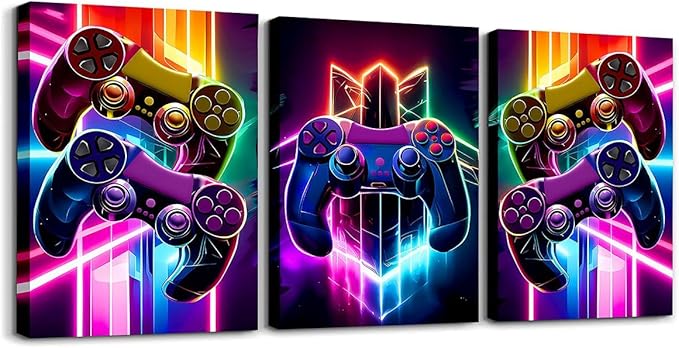 Feelyou Gamer Canvas Wall Art For Living Room 12"X 16"3 Piece Game Controller Picture Wall Decor Gaming Gifts Bathroom Art Gamepad Office Decorations Artwork Posters Blue Painting