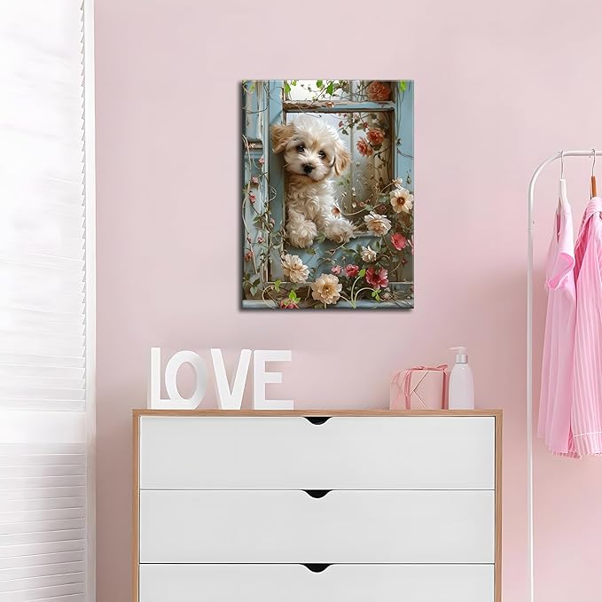 Framed Poodle Canvas Wall Art, Funny Teddy Dog Poster Print, Abstract Dog Standing Among Flowers Painting Wall Decor for Dormitory Restroom Bedroom Kids Room Decor 16x24 inch