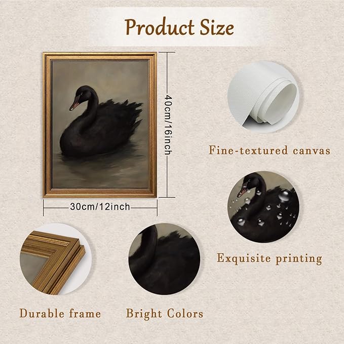 Aroutde Swan Pictures Wall Decor for Living Room, Vintage Gold Framed Black Swan Printing Canvas Wall Art, Rustic Farmhouse Animal Picture for Home Bedroom Bathroom Decoration (16L''x12W'', Framed)