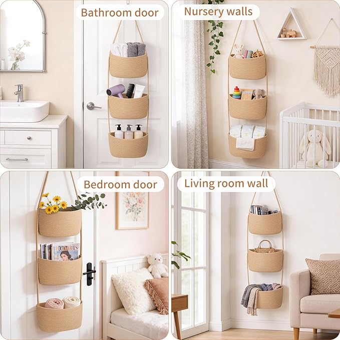 Goodpick 3-Tier Hanging Basket Over the Door, Cotton Rope Wall basket, Hanging Nursery Decor for Organizing, Jute