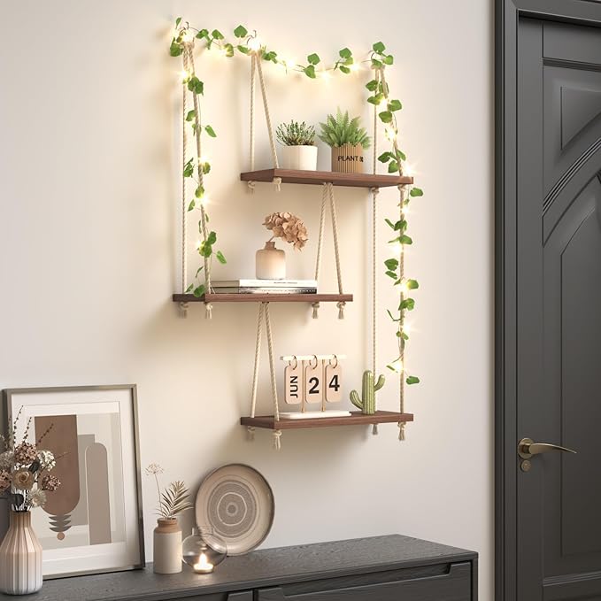 Hanging Shelves for Wall with Vine Lights, 3 Tier Rope Wall Hanging Plant Shelf, Boho Wall Decor Aesthetic for Succulents, Bedroom, Living Room, Bathroom (Rustic Brown)