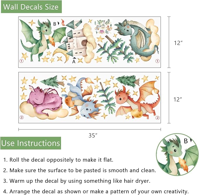 Yovkky Baby Dragon Wall Decals Stickers, Watercolor Castle Pine Tree Cloud Moon Stars Neutral Toddler Nursery Decor, Dragon Eggs Home Decorations Kids Girls Boys Bedroom Playroom Art