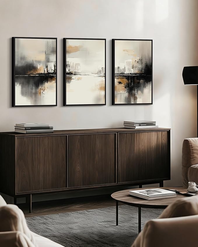 Drsoum Vintage Black Gray Abstract Wall Art Framed Brown Tan Neutral Prints Minimalist Modern Rustic Artwork Bedroom Living Room Ready to Hang 16x24in Black Framed