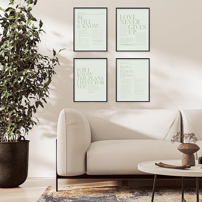 Locomiss Sage Green Christian Wall Art Decor, Modern Bible Verse Prints, Minimalist Jesus Scripture Wall Decor, Inspirational Bible Posters for Bedroom Office Living Room, Set of 4 (12x16 Unframed)