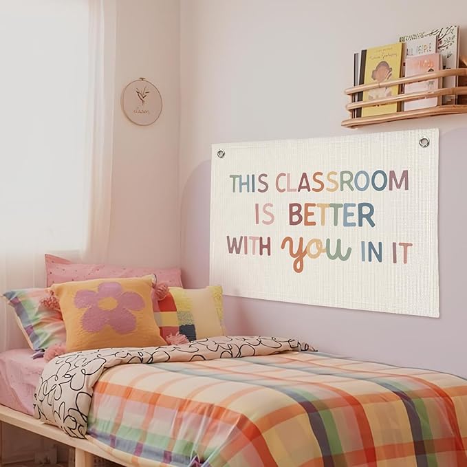 Boho Classroom Decor, Neutral Classroom Wall Decor Welcome Sign, Teacher Back To School Canvas Banner Wall Hanging Flag