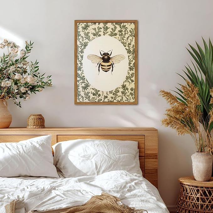 Framed Vintage Bee Wall Art, Rustic Insect Pictures Wall Decor, 3D Textured Sandstone Green Botanical Paintings Prints Cottagecore Home Decor for Living Room Bedroom Office 12x16 inch