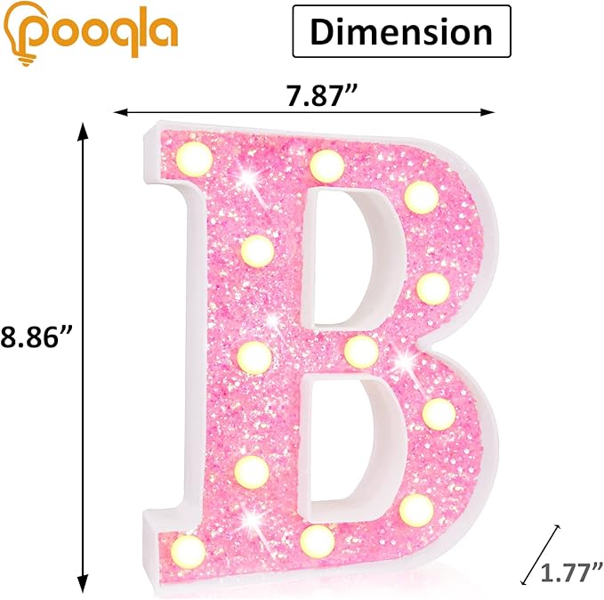 Pooqla LED Marquee Lights, Pink Glitter Alphabet Letters - Battery Powered Night Light, Birthday Party, Wedding, Home Bar, Christmas Decoration - Letter B