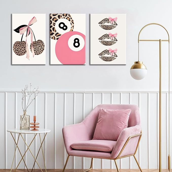 Trendy Pink Leopard Bow Canvas Wall Art Set of 3 Funky Cherry Lucky 8 Ball Posters Prints Cute Coquette Preppy Room Aesthetic Wall Decor Pictures for Girls Bedroom Apartment Dorm 12x16in