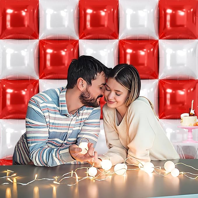 NISOCY 25PCS Red White Square Foil Balloons Wall Double Backdrop Sided Red Pearl White Balloon Tunnel Arch Kit for Christmas Birthday Valentine's Day Baby Shower Wedding Party Decorations